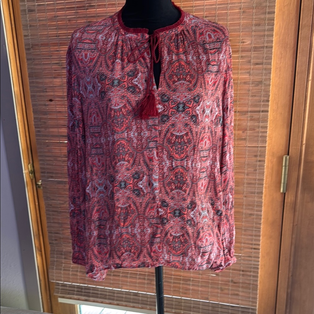 Lucky Brand Red and Pink Graphic, paisley Blouse with Mandarin Collar